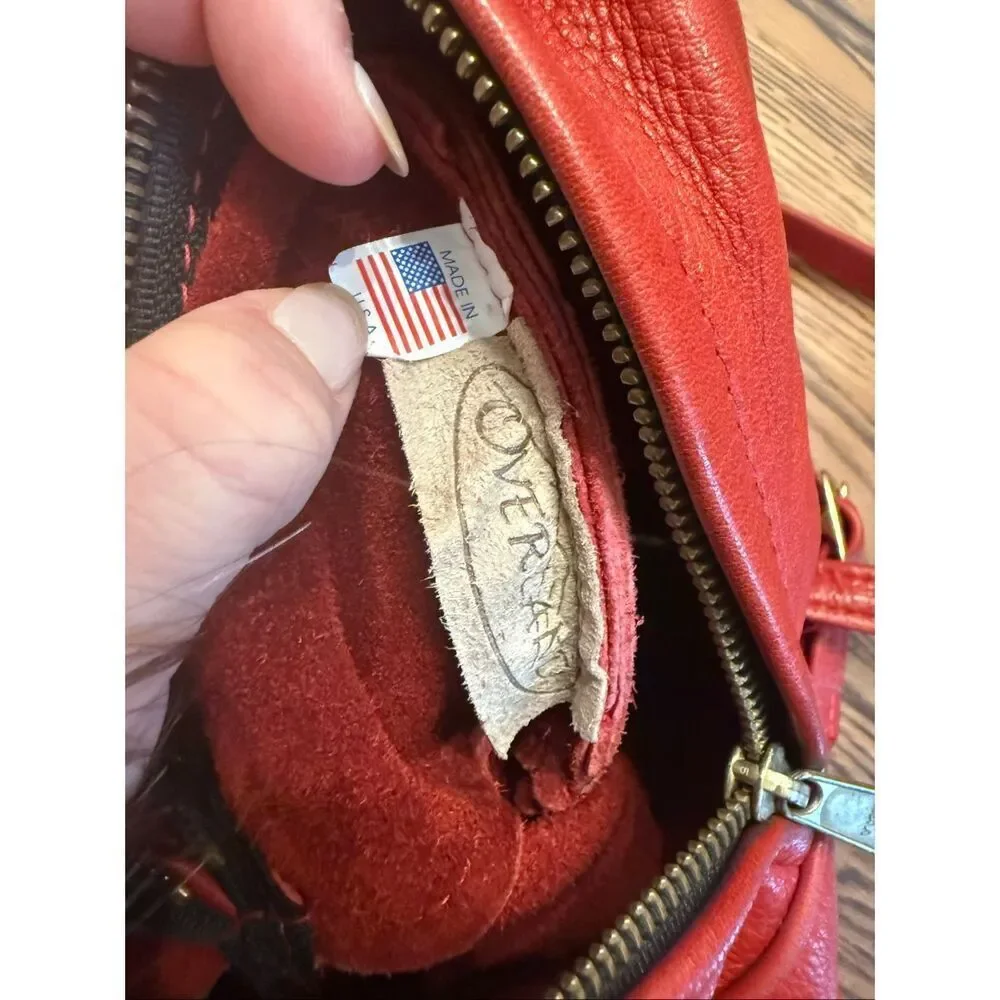 Overland Leather Center Zipper Purse Handbag Crossbody Droplet Bag Red Small‎